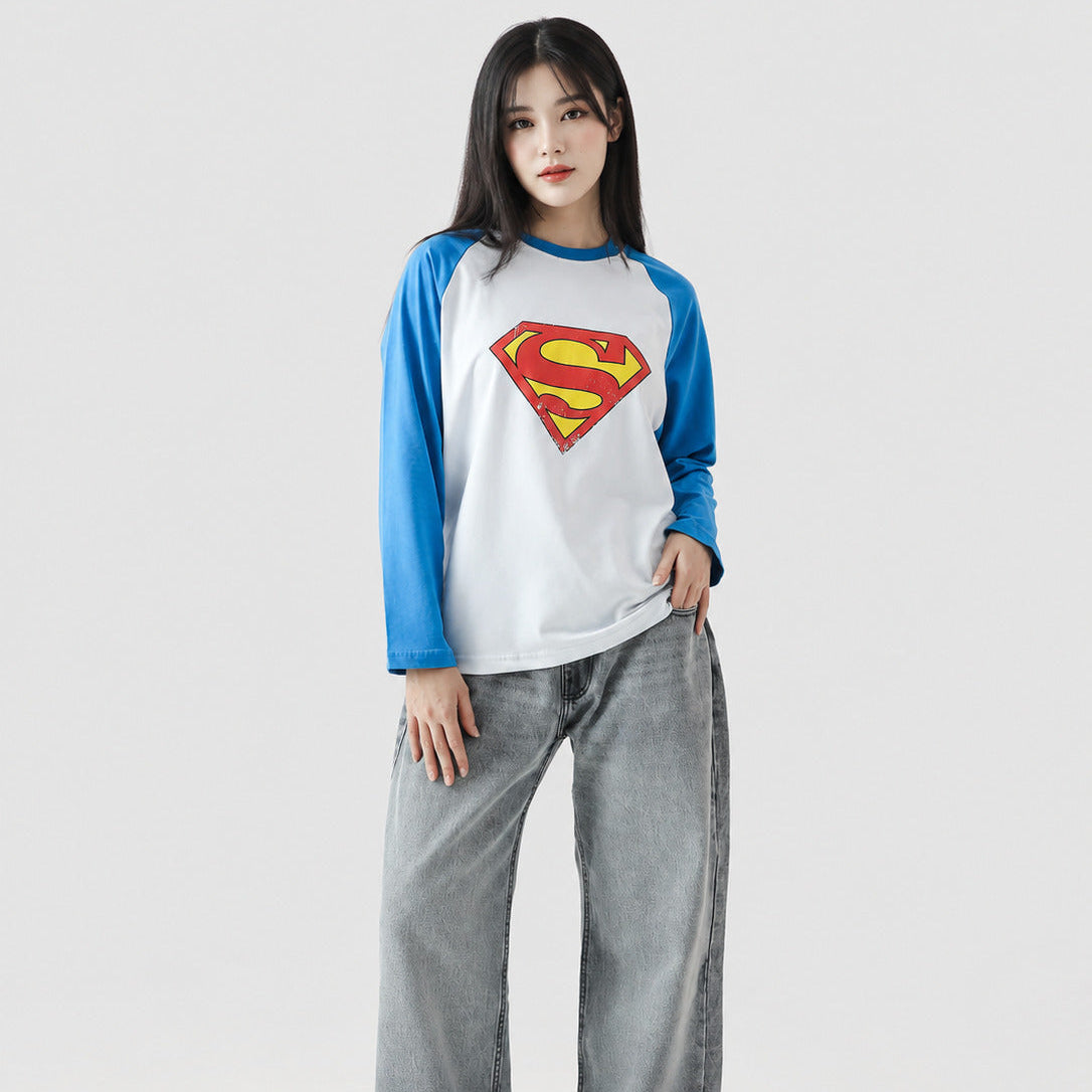 WTM Superman Long Sleeve T-Shirt - Blue Loose Fit Cotton Graphic Tee