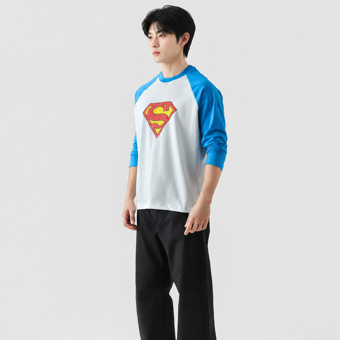 WTM Superman Long Sleeve T-Shirt - Blue Loose Fit Cotton Graphic Tee
