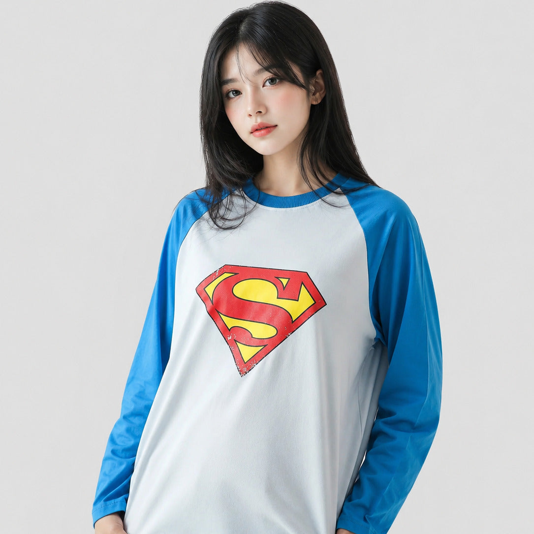 WTM Superman Long Sleeve T-Shirt - Blue Loose Fit Cotton Graphic Tee
