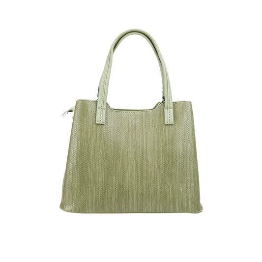 Green woven handbag on a white background