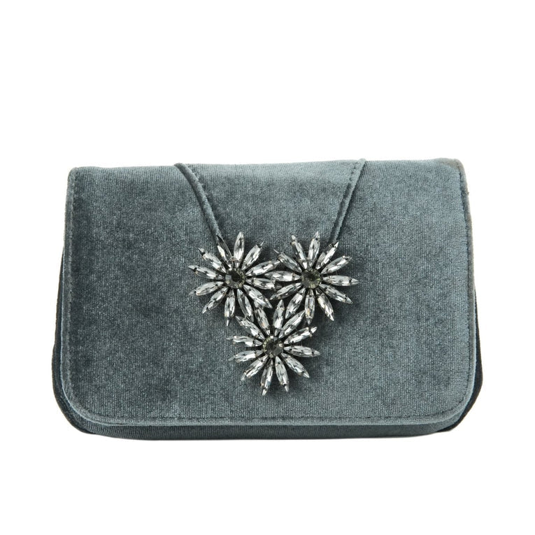 Gray clutch bag with decorative elements on a white background